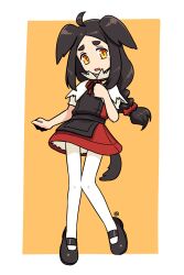 Rule 34 | 1girl, ahoge, animal ears, black footwear, black hair, commentary request, dress, full body, hand up, highres, long hair, looking at viewer, muu (mumumer), neck ribbon, orange background, orange eyes, original, pantyhose, parted lips, puffy short sleeves, puffy sleeves, red dress, red ribbon, ribbon, shoes, short eyebrows, short sleeves, solo, standing, tail, tears, thick eyebrows, two-tone background, very long hair, wavy mouth, white background, white pantyhose