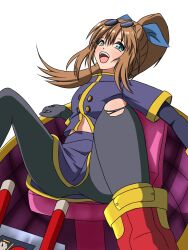 Rule 34 | 1girl, beesuper, blush, brown hair, eyewear on head, gloves, green eyes, highres, long hair, looking at viewer, mecha, open mouth, pantyhose, ponytail, precis neumann, robot, simple background, sitting, skirt, smile, solo, star (symbol), star ocean, star ocean the second story, torn clothes, torn pantyhose, white background