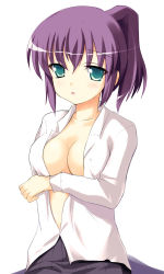 Rule 34 | 00s, 1girl, blue eyes, blush, breasts, cleavage, green eyes, henrietta de tristain, large breasts, medium breasts, open clothes, open shirt, ponytail, purple hair, safi, shirt, short hair, skirt, solo, zero no tsukaima