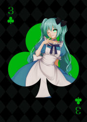 Rule 34 | 1girl, ;), absurdres, card, green eyes, green hair, hatsune miku, highres, hitobashira alice (vocaloid), one eye closed, ribbon, sassan x, smile, solo, three of clubs, twintails, vocaloid