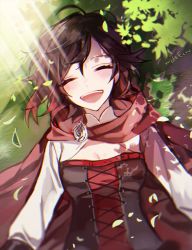 Rule 34 | 1girl, black hair, breasts, cape, cleavage, corset, day, ecru, closed eyes, from above, gradient hair, long sleeves, lying, medium breasts, multicolored hair, on back, open mouth, outdoors, red cape, red hair, ruby rose, rwby, short hair, smile, solo, sunlight, two-tone hair, upper body, white sleeves