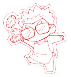 Rule 34 | 1boy, acrylic stand, apron, chibi, doughnut, food, full body, glasses, holding, holding tray, long sleeves, lowres, male focus, monochrome, motoori shiro, no mouth, opaque glasses, outstretched arms, red theme, short hair, solo, spread arms, thick eyebrows, tokyo houkago summoners, tray, tyou, white background