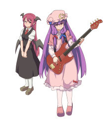 Rule 34 | 2girls, bass guitar, bat wings, blush, capelet, coconut tree, crescent, dai (touhou handdrawn), demon wings, electric guitar, female focus, gazacy (dai), guitar, head wings, instrument, koakuma, long hair, long sleeves, low wings, multiple girls, necktie, palm tree, patchouli knowledge, pointy ears, puffy sleeves, purple eyes, red eyes, red hair, red necktie, short sleeves, simple background, smile, standing, touhou, tree, very long hair, white background, wings