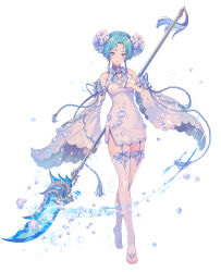 Rule 34 | 1girl, aqua eyes, aqua hair, bare shoulders, barefoot, breasts, commentary, detached sleeves, earrings, flower, forehead, full body, gloves, hair flower, hair ornament, half gloves, hand on own chest, holding, holding polearm, holding weapon, jewelry, long sleeves, medium breasts, original, parted lips, polearm, saeldam, short hair, side slit, solo, symbol-only commentary, thigh strap, thighhighs, water, weapon, wide sleeves