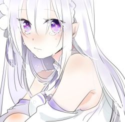 Rule 34 | 1girl, closed mouth, clothing cutout, crying, crying with eyes open, emilia (re:zero), hair between eyes, hair ribbon, long hair, pointy ears, purple eyes, purple ribbon, re:zero kara hajimeru isekai seikatsu, ribbon, shoulder cutout, shumiko (kamenokoueki), silver hair, simple background, sketch, solo, tears, upper body, white background