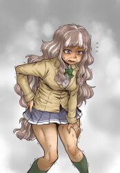 Rule 34 | 1girl, absurdres, aged up, aging, body modification, breasts, brown hair, digimon, digimon ghost game, green hair, highres, long hair, looking to the side, medium breasts, miniskirt, old, pink eyes, shiny skin, skirt, solo, standing, surprised, sweat, tobato the dog, tobatoinu, trembling, tsukiyono ruli, very long hair, what, wide hips