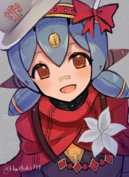 Rule 34 | 1girl, absurdres, android, bandaid, bandaid on face, bandaid on nose, blush, cape, flower, haruto yuki, hat, hat ornament, highres, joints, lily (flower), low twintails, poppi (xenoblade), poppi alpha (xenoblade), red cape, robot girl, robot joints, short hair, smile, twintails, upper body, xenoblade chronicles (series), xenoblade chronicles 2