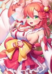 Rule 34 | 1girl, ahoge, bell, blush, breasts, detached sleeves, frilled sleeves, frills, green eyes, hair between eyes, hair ornament, hairclip, highres, hololive, kirisaki shuusei, large breasts, long hair, looking at viewer, nontraditional miko, one side up, open mouth, pink hair, sakura miko, sakura miko (1st costume), sideboob, solo, virtual youtuber, white sleeves, x hair ornament