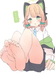 Rule 34 | ..., 1girl, animal ear headphones, animal ears, barefoot, black shorts, blonde hair, blue archive, blue necktie, blush, bow, cat tail, collared shirt, fake animal ears, feet, foot focus, green bow, green eyes, green halo, hair bow, halo, headphones, kamotsu yasai, long sleeves, midori (blue archive), necktie, parted lips, shirt, short hair, shorts, simple background, solo, spoken ellipsis, tail, white background, white shirt