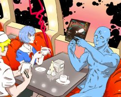 Rule 34 | ayanami rei, blue hair, blue skin, colored skin, cup, dc comics, dr. manhattan, lance of longinus (evangelion), neon genesis evangelion, nude, penis, pepper shaker, red eyes, salt shaker, sitting, teacup, the hitchhiker&#039;s guide to the galaxy, watchmen