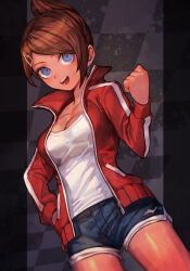 Rule 34 | 1girl, asahina aoi, asymmetrical hair, blue eyes, blue shorts, breasts, brown hair, checkered background, cleavage, clenched hand, cowboy shot, danganronpa: trigger happy havoc, danganronpa (series), dark-skinned female, dark skin, dutch angle, hair ornament, hairclip, hand in pocket, hungry clicker, jacket, looking at viewer, medium breasts, open clothes, open jacket, open mouth, parted bangs, pillarboxed, red jacket, shirt, short hair, short shorts, shorts, smile, solo, standing, track jacket, white shirt