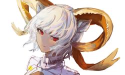 Rule 34 | 1girl, absurdres, animal ears, arknights, carnelian (arknights), closed mouth, dark-skinned female, dark skin, goat ears, goat girl, goat horns, highres, horns, portrait, red eyes, short hair, silver hair, simple background, sixtea0321, solo, white background