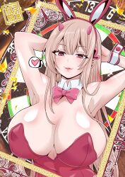 Rule 34 | 1girl, animal ear headwear, animal ears, armpits, arms behind head, bare shoulders, blush, bow, bowtie, breasts, cleavage, covered erect nipples, detached collar, fake animal ears, fangs, framed, goddess of victory: nikke, heart, highres, horns, huge breasts, leotard, light brown hair, long hair, momohara rile, official alternate costume, parted lips, pink bow, pink bowtie, pink eyes, pink horns, playboy bunny, rabbit ears, red leotard, shiny skin, sidelocks, signature, smile, solo, spoken heart, strapless, strapless leotard, viper (nikke), viper (toxic rabbit) (nikke), wrist cuffs