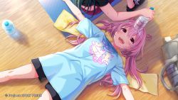 Rule 34 | 2girls, akazaki kokoro, bag, bottle, bottle on head, cygames, dripping, floor, from above, green hair, highres, holding, holding bottle, idoly pride, lying, messy hair, multiple girls, official art, on back, outstretched arms, oversized clothes, oversized shirt, pink hair, red eyes, shirt, shorts, spread arms, sweat, sweaty clothes, towel, water, water bottle, wooden floor, yellow towel