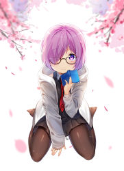 Rule 34 | 1girl, absurdres, alternate costume, bad id, bad pixiv id, black-framed eyewear, black dress, black pantyhose, blush, book, cherry blossoms, closed mouth, dress, fate/grand order, fate (series), glasses, hair over one eye, highres, holding, holding book, looking at viewer, mash kyrielight, moong gya, open book, pantyhose, petals, purple eyes, purple hair, short hair, sitting, sleeves past wrists, smile, solo, wariza