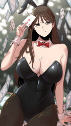Rule 34 | 1girl, absurdres, ace (playing card), ace of hearts, animal ears, bare shoulders, beautiful gunbari, black leotard, breasts, brown eyes, brown hair, brown pantyhose, card, copyright request, detached collar, fake animal ears, gwanak, heart, highres, holding, holding card, jung su-a, large breasts, leotard, making-of available, mole, mole on breast, pantyhose, playboy bunny, playing card, rabbit ears, sitting, smile, solo, strapless, strapless leotard, wrist cuffs