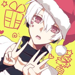 Rule 34 | 1boy, arrow (symbol), asuna (doruru-mon), bad id, bad pixiv id, black shirt, box, bright pupils, christmas tree, commentary, dutch angle, facial mark, gift, gift box, hair between eyes, hat, headphones, heart, kagerou project, konoha (kagerou project), long bangs, looking at viewer, male focus, mekakucity actors, neck warmer, open mouth, pink eyes, red hat, ribbon, santa hat, shirt, short hair, short ponytail, star (symbol), teeth, two-tone hat, two-tone headwear, upper body, upper teeth only, v, white hair, white hat, white shirt, yellow background