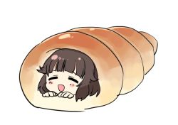 Rule 34 | 1girl, :d, = =, ahoge, bang dream!, bd ayknn, blush, brown hair, chocolate cornet, closed eyes, food, in food, open mouth, short hair, simple background, smile, solo, ushigome rimi, white background