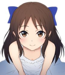 Rule 34 | 10s, 1girl, bare arms, bare shoulders, blue ribbon, blush, breasts, brown hair, cleavage, close-up, commentary request, dot nose, dress, hair ribbon, idolmaster, idolmaster cinderella girls, leaning forward, long hair, looking at viewer, ribbon, simple background, small breasts, smile, solo, sugi 214, sundress, tachibana arisu, white background