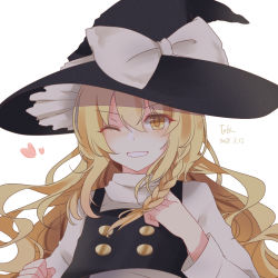 Rule 34 | 1girl, ;d, black hat, black vest, blonde hair, blush, bow, braid, dated, grin, hat, hat bow, heart, kirisame marisa, long hair, long sleeves, looking at viewer, one eye closed, open mouth, shirt, side braid, signature, simple background, smile, solo, teeth, toriki, touhou, upper body, v-shaped eyebrows, vest, white background, white bow, white shirt, witch hat, yellow eyes