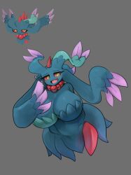 Rule 34 | 1girl, absurdres, arm hair, blush, breasts, cleavage, colored sclera, creatures (company), eyelashes, fang, female focus, floating hair, flutter mane, full body, game freak, gen 2 pokemon, gipehtyboo, grey background, highres, huge breasts, laughing, long hair, looking at viewer, monster girl, navel, nintendo, plump, pokemon, red sclera, skin fang, smile, solo, wide hips, yellow eyes