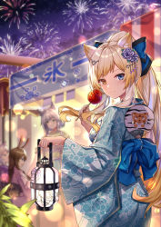 Rule 34 | 4girls, :d, absurdres, aerial fireworks, amiya (arknights), animal ear fluff, animal ears, arknights, ass, blonde hair, blue bow, blue eyes, blue kimono, bow, braid, breasts, candy apple, cat ears, fireworks, flower, food, from behind, green eyes, green kimono, grey hair, hair between eyes, hair bow, hair flower, hair ornament, hand fan, heterochromia, highres, holding, holding food, holding lantern, japanese clothes, kal&#039;tsit (arknights), kimono, lantern, long hair, long sleeves, looking at viewer, looking back, market stall, medium breasts, multiple girls, night, night sky, nightmare (arknights), obi, open mouth, outdoors, pink kimono, ponytail, profile, purple flower, purple kimono, purple rose, rabbit ears, red eyes, rose, rosmontis (arknights), sash, short sleeves, single braid, sky, smile, star (sky), starry sky, striped, striped bow, summer festival, tasuki, unmei no watashijin, very long hair, wide sleeves