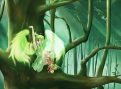 Rule 34 | ahoge, forest, green hair, nature, original, red eyes, solo, taicho128, wings, yawning