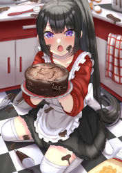 Rule 34 | 1girl, :o, absurdres, apron, back bow, black hair, blush, bow, bowl, cake, checkered floor, chocolate, chocolate cake, chocolate on body, chocolate on clothes, chocolate on face, egg (food), flour, food, food on body, food on clothes, food on face, frills, highres, holding, holding plate, indoors, kitchen, long hair, looking at viewer, ma0rock, messy, on floor, open mouth, original, pastry bag, plate, ponytail, powdered sugar, purple eyes, sitting, skirt, solo, spatula, sweater, thighhighs, tile floor, tiles, very long hair, wariza, whisk