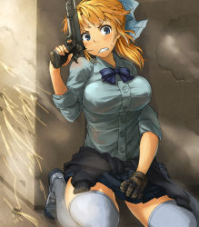 Rule 34 | 1girl, blonde girl (itou), blonde hair, blue eyes, blush, borrowed character, bow, breasts, clenched teeth, gun, hair bow, handgun, highres, large breasts, m1911, original, pleated skirt, shirt, skirt, solo, sweatdrop, taut clothes, taut shirt, teeth, thighhighs, weapon, white thighhighs, yugami gooshu, zettai ryouiki