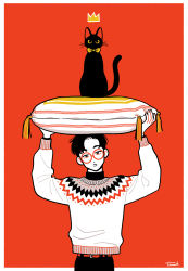 Rule 34 | 1boy, arms up, belt, black cat, black hair, black pants, cat, cowboy shot, expressionless, glasses, highres, holding, holding pillow, kk724, long sleeves, looking at viewer, original, pants, pillow, print sweater, red-framed eyewear, red background, red belt, round eyewear, short hair, signature, simple background, solo, sweater