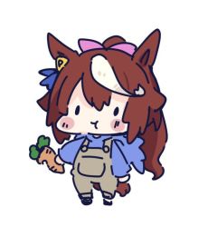 Rule 34 | 1girl, :t, animal ears, blue hoodie, blush stickers, brown hair, carrot, chibi, closed mouth, commentary, eating, fake animal ears, food, full body, hair between eyes, hair ribbon, holding, holding food, hood, hood down, hoodie, horse ears, horse girl, horse hood, horse tail, long hair, long sleeves, looking at viewer, multicolored hair, nozo (hitomiz), overalls, pink ribbon, ponytail, ribbon, simple background, solid oval eyes, solo, standing, streaked hair, symbol-only commentary, tail, tokai teio (umamusume), umamusume, very long hair, white background, white hair