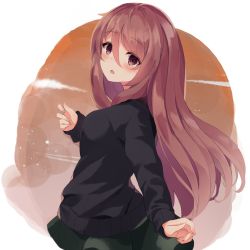 Rule 34 | 1girl, :o, black shirt, blouse, blush, breasts, brown eyes, brown hair, commentary request, from side, green skirt, hair between eyes, highres, long hair, long sleeves, looking at viewer, looking to the side, medium breasts, mizu (lzzrwi603), parted lips, pleated skirt, princess connect!, shirt, shizuru (princess connect!), shizuru (real) (princess connect!), skirt, sleeves past wrists, solo, very long hair
