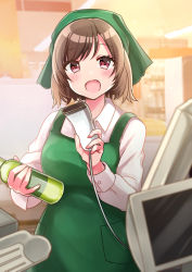 Rule 34 | 1girl, :d, apron, bad id, bad pixiv id, blurry, blurry background, blush, bottle, breasts, brown hair, collared shirt, commentary request, depth of field, employee uniform, fang, green apron, head scarf, highres, holding, holding bottle, long sleeves, looking at viewer, minami saki, open mouth, original, red eyes, shirt, small breasts, smile, solo, supermarket, uniform, white shirt