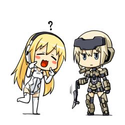 Rule 34 | 10s, 2girls, :3, :d, :|, = =, ?, armor, arnval, azuma doguu, bare shoulders, black gloves, blonde hair, blue eyes, blush stickers, bodysuit, boots, busou shinki, chibi, closed eyes, closed mouth, crossover, expressionless, frame arms girl, gloves, gourai, headgear, laughing, leg lift, leotard, long hair, mecha musume, microskirt, motion lines, multiple girls, open mouth, panties, shadow, short hair, simple background, skirt, smile, standing, standing on one leg, striped clothes, striped panties, text focus, thigh boots, thighhighs, twintails, underwear, very long hair, white background, white footwear, white gloves, white legwear