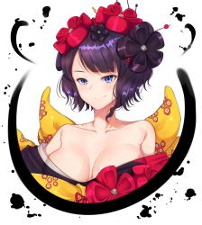 Rule 34 | 1girl, band-width, bare shoulders, blue eyes, blush, breasts, cleavage, closed mouth, collarbone, fate/grand order, fate (series), flower, hair flower, hair ornament, hair stick, ink, japanese clothes, katsushika hokusai (fate), kimono, large breasts, looking at viewer, off shoulder, open clothes, open kimono, portrait, purple hair, short hair, simple background, smile, solo, tsurime, upper body, white background