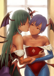Rule 34 | 2girls, age difference, arm grab, backlighting, bare shoulders, bridal gauntlets, bugfix, demon girl, female focus, green hair, head wings, holding, incest, leotard, lilith aensland, long hair, looking at another, morrigan aensland, multiple girls, onee-loli, pantyhose, purple hair, red eyes, red leotard, short hair, siblings, sisters, tongue, tongue out, vampire (game), window, wings, yuri