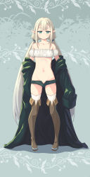 Rule 34 | 1girl, absurdres, akino sora, bare shoulders, boots, breasts, brown thighhighs, copyright request, elf, expressionless, full body, green eyes, grey hair, groin, highres, long hair, looking at viewer, low twintails, navel, open fly, open pants, pants, pointy ears, short shorts, shorts, sidelocks, small breasts, solo, standing, strapless, thigh boots, thighhighs, tube top, twintails, very long hair, white thighhighs