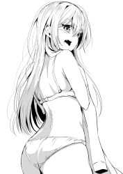 Rule 34 | 1girl, ass, attsun (atsushi jb), back, blush, bra, cowboy shot, d:, fang, from behind, greyscale, hair between eyes, looking at viewer, looking back, monochrome, open mouth, original, panties, simple background, solo, standing, underwear, underwear only, undressing, white background