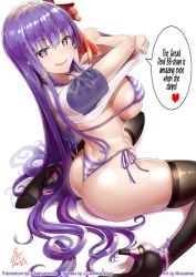 Rule 34 | 1girl, ass, bb (fate), bb (fate/extra), bikini, black footwear, black thighhighs, blush, breasts, clothes lift, fate/extra, fate/extra ccc, fate (series), gloves, hair ribbon, hard-translated, high heels, large breasts, long hair, looking at viewer, open mouth, purple bikini, purple eyes, purple hair, red ribbon, ribbon, shirt, shirt lift, short sleeves, simple background, sitting, smile, solo, speech bubble, striped bikini, striped clothes, swimsuit, t-shirt, thighhighs, thighs, third-party edit, uo denim, very long hair, wariza, white background, white gloves