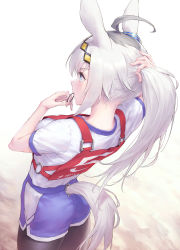 Rule 34 | 1girl, ahoge, animal ears, ass, black pantyhose, blue eyes, blush, breasts, character name, commentary request, dirt, grey hair, hair ornament, hairband, headband, hisakata souji, holding, holding own hair, horse ears, horse girl, horse tail, horseshoe ornament, large breasts, long hair, looking back, multicolored hair, nape, oguri cap (umamusume), pantyhose, pantyhose under shorts, ponytail, shirt, short sleeves, shorts, simple background, solo, standing, streaked hair, tail, track uniform, umamusume, umamusume: cinderella gray, white shirt