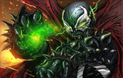 Rule 34 | 1boy, cape, claws, demon, glowing, glowing eyes, green eyes, image comics, image sample, magic, male focus, solo, spawn, spawn (spawn), spikes, superhero costume