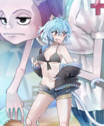 Rule 34 | 1girl, animal ears, bikini, bikini top only, blue hair, blue shirt, breasts, cat ears, cat tail, claws, coat, cross, doctor blythe, doll joints, fangs, female focus, food, highres, hunter x hunter, joints, kneehighs, long sleeves, neferpitou, popsicle, red cross, shirt, shoes, short hair, short shorts, shorts, slit pupils, socks, swimsuit, tail, yagisawa teru
