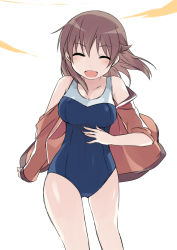 Rule 34 | 10s, 1girl, :d, bad id, bad pixiv id, blush, breasts, brown hair, competition swimsuit, closed eyes, jacket, kyouno madoka, medium breasts, mizuki (koko lost), one-piece swimsuit, open mouth, rinne no lagrange, sleeves rolled up, smile, solo, swimsuit, swimsuit under clothes, track jacket