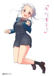 Rule 34 | 1girl, absurdres, arashi chisato, artist name, artist request, bare legs, belt, black socks, blue cardigan, blue jacket, blush, bow, bowtie, breasts, brown footwear, buttons, cardigan, check translation, clenched hand, collared shirt, commentary request, cropped jacket, double bun, dress, dress shirt, female focus, floating hair, full body, grey belt, grey shirt, grey skirt, hair bun, hair tie, highres, jacket, long hair, long sleeves, looking at viewer, love live!, love live! superstar!!, medium breasts, miniskirt, neck ribbon, o-ring, o-ring belt, parted lips, plaid, plaid skirt, pleated, pleated skirt, red bow, red eyes, red ribbon, ribbon, school uniform, shirt, shoes, skirt, smile, socks, solo, translated, translation request, twintails, v, wavy hair, white background, white hair, white shirt, wing collar, yuigaoka school uniform