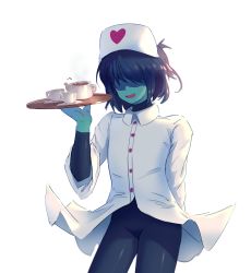 Rule 34 | 1other, aamakuruu, androgynous, blue bodysuit, blue hair, blue skin, bodysuit, colored skin, cup, deltarune, hair over eyes, hat, highres, holding, holding tray, kris (deltarune), nurse, nurse cap, open mouth, ponytail, shaded face, short hair, skinny, smile, solo, teacup, teapot, torso, tray, white background, wind, wind lift