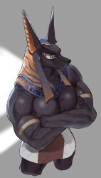 Rule 34 | 1boy, animal ears, animal head, anubis (mythology), bara, black skin, blue eyes, colored skin, cropped legs, crossed arms, dougaku (passionpit777), egyptian, egyptian mythology, from above, furry, furry male, highres, jackal boy, jackal ears, jackal tail, large pectorals, loincloth, looking to the side, male focus, muscular, muscular male, pectoral squeeze, pectorals, solo
