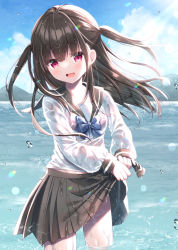 Rule 34 | 1girl, :d, black hair, black sailor collar, black skirt, blue bow, blue sky, bow, breasts, cloud, cloudy sky, commentary request, day, long hair, long sleeves, moe2022, mountain, open mouth, original, outdoors, pleated skirt, puffy long sleeves, puffy sleeves, purple eyes, sailor collar, school uniform, see-through, serafuku, shirt, skirt, sky, sleeves past wrists, small breasts, smile, solo, standing, two side up, uchuuneko, water, wet, wet clothes, wet shirt, white shirt, wringing clothes, wringing skirt