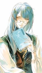 Rule 34 | 1boy, aged up, blue hair, book, chinese clothes, earrings, eyewear strap, frilled sleeves, frills, genshin impact, glasses, hair over shoulder, highres, holding, holding book, jewelry, kkcoocool, light blush, light smile, long hair, long sleeves, looking to the side, male focus, single earring, solo, upper body, white background, xingqiu (genshin impact), yellow eyes
