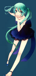 Rule 34 | 1girl, :p, bad id, bad pixiv id, dress, face, foreshortening, green eyes, green hair, hatsune miku, highres, legs, long hair, matching hair/eyes, simple background, solo, strapless, strapless dress, syutyou, tongue, tongue out, twintails, very long hair, vocaloid