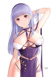 Rule 34 | 1girl, absurdres, artist name, azur lane, blunt bangs, breasts, dido (anxious bisque doll) (azur lane), dido (azur lane), dress, dress straps, hairband, hand in own hair, highres, kep (ahokep), large breasts, long hair, looking at viewer, purple dress, purple eyes, purple hair, solo, thigh strap, thighs, white background